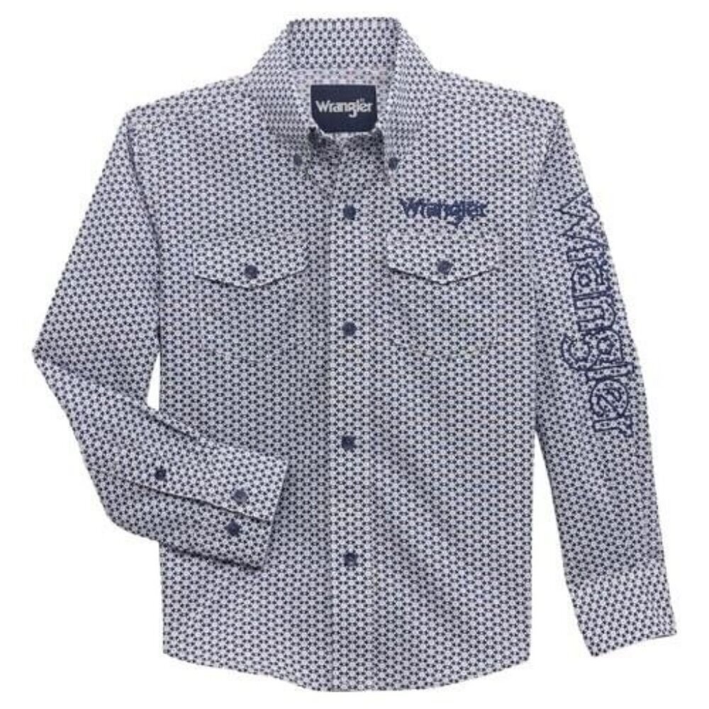 Wrangler Men's Long Logo Sleeve Geo Print Snap Western Shirt Blue/White